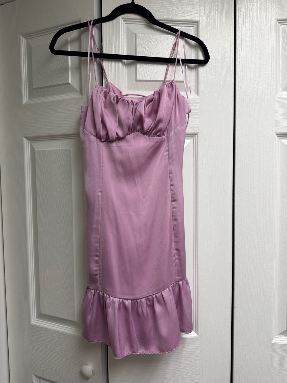 Le Lis Lilac Satin Slip Dress with Ruffle Hem